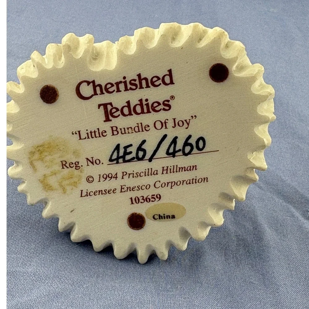 Cherished Teddies Figurine Little Bundle Of Joy Tan Angel Bear Heart Base 1994